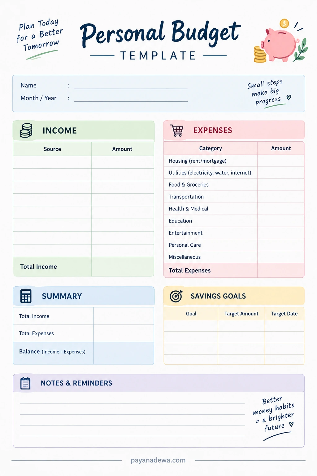 Printable personal budget template with income, expenses, monthly balance, savings goals, and notes sections.