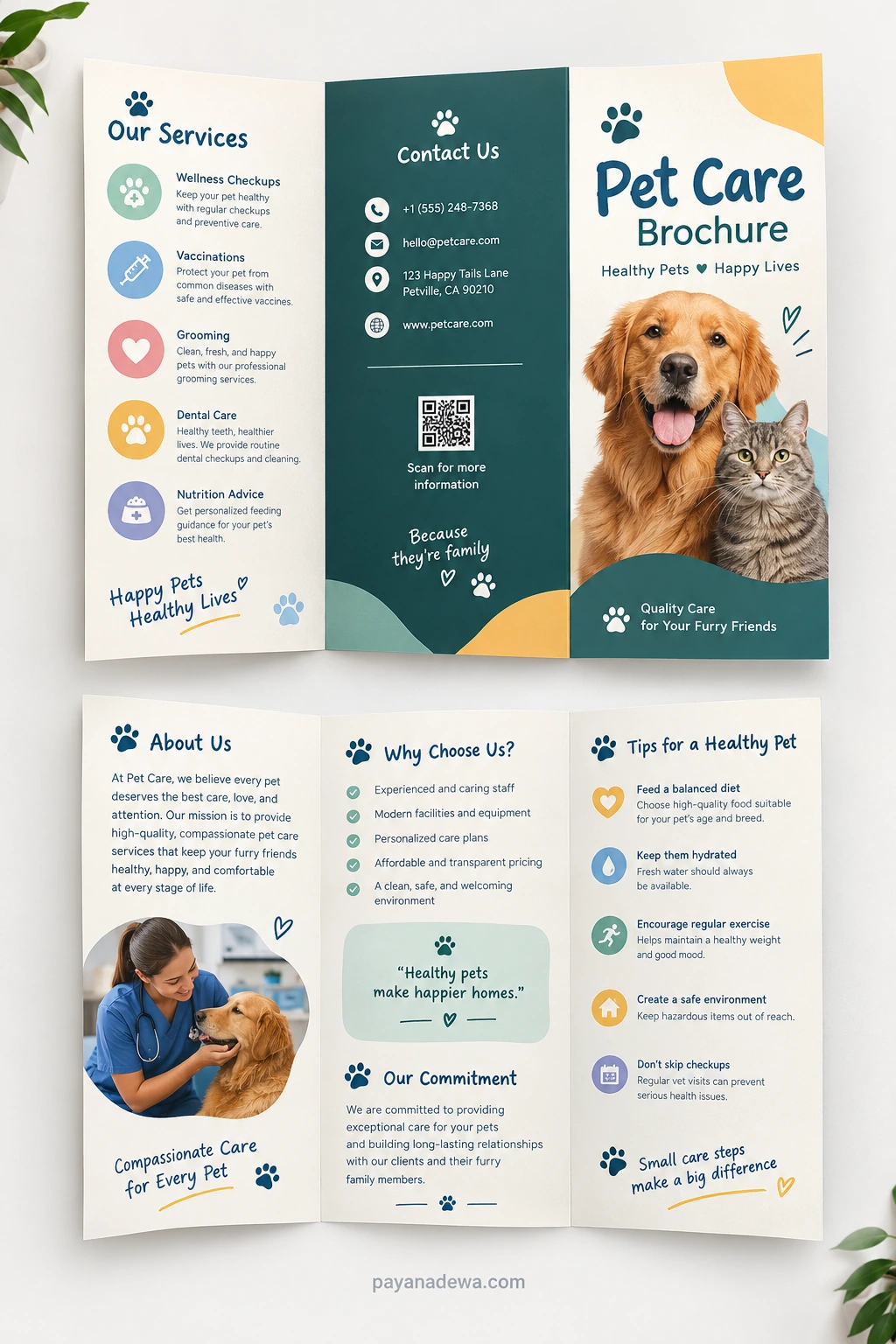 Pet Care Brochure Template Professional Pet Care Brochure Template featuring veterinary services, pet wellness tips, and a modern tri-fold design