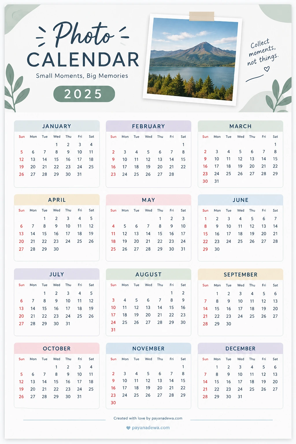 Photo Calendar Template Clean printable photo calendar template with a mountain and lake photograph, pastel monthly sections, and a twelve-month layout.