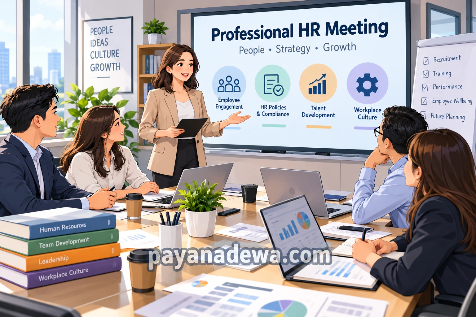 Professional HR Meeting template showing an HR team discussing employee engagement, policies, talent development, and workplace culture