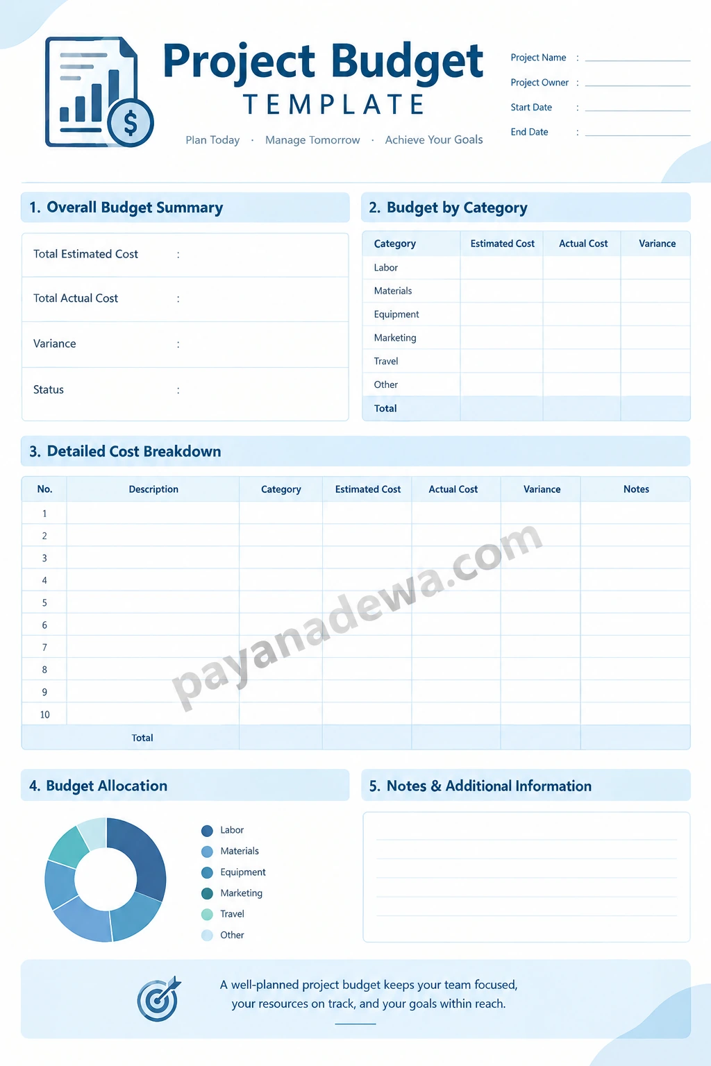 Project Budget Template Printable project budget template with cost breakdown, estimated and actual expenses, budget allocation chart, and notes section.