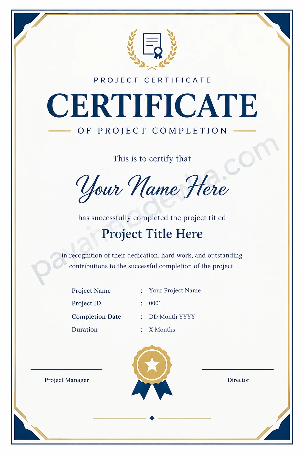 Printable project certificate template with navy blue and gold borders, recipient name, project details, and signature lines