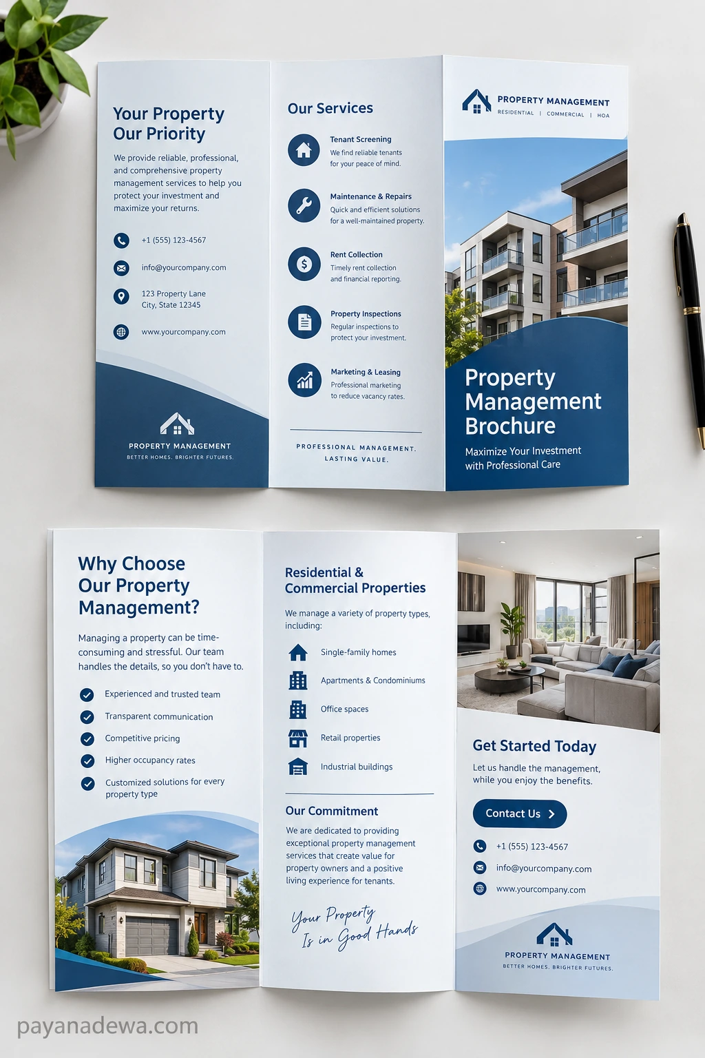 Property Management Brochure Template Professional property management brochure template featuring rental management services, property marketing, maintenance, and client contact information