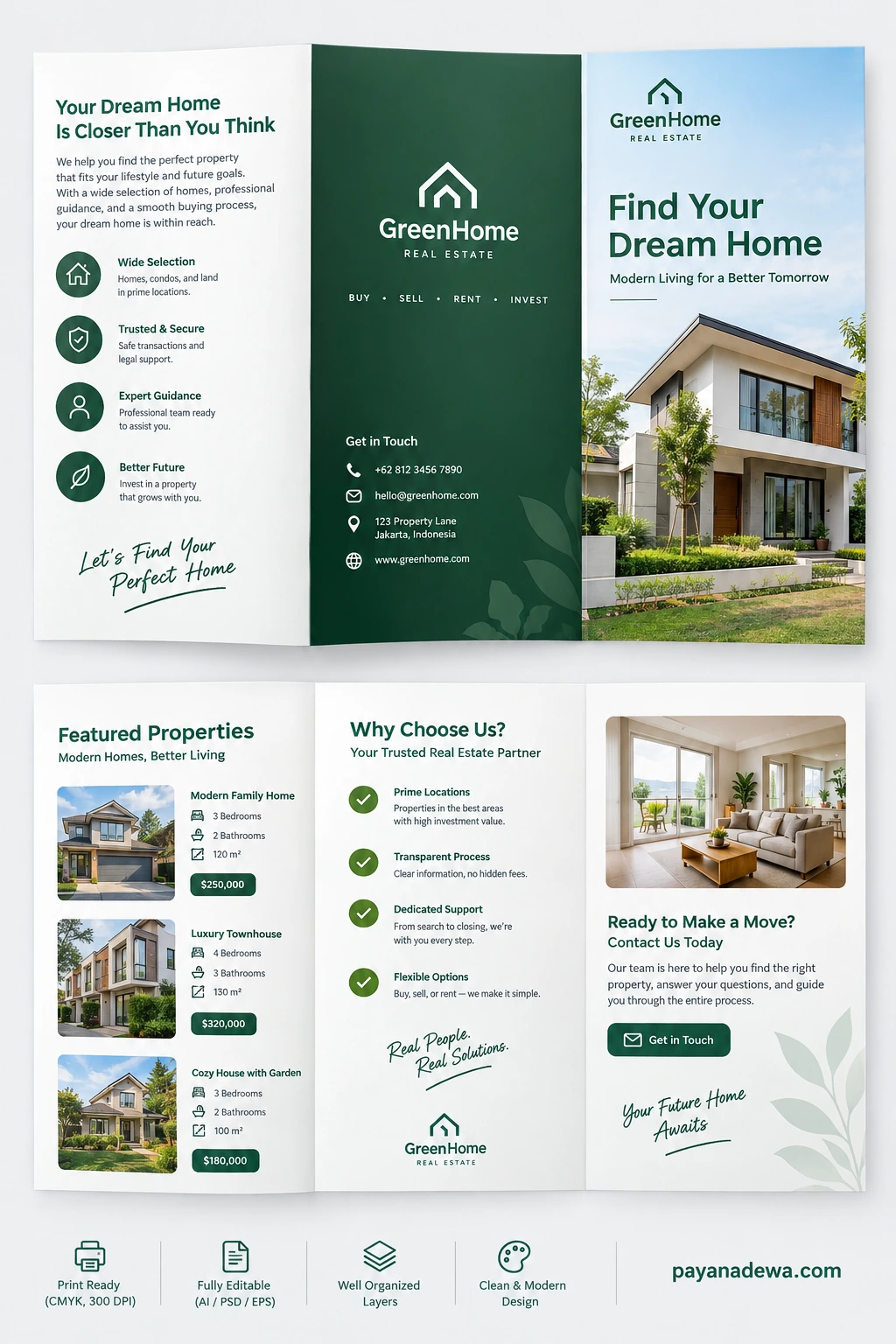 Real Estate Brochure Template Clean and modern real estate brochure template with property listings and contact information