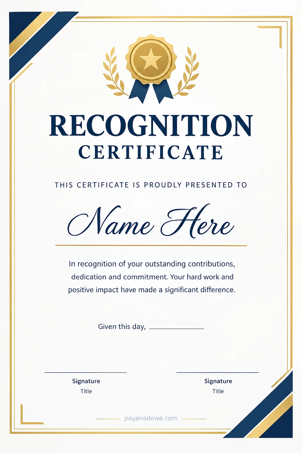 Printable recognition certificate template in navy blue and gold with a star award emblem, recipient name field, appreciation message, date line, signature fields, and payanadewa.com watermark.