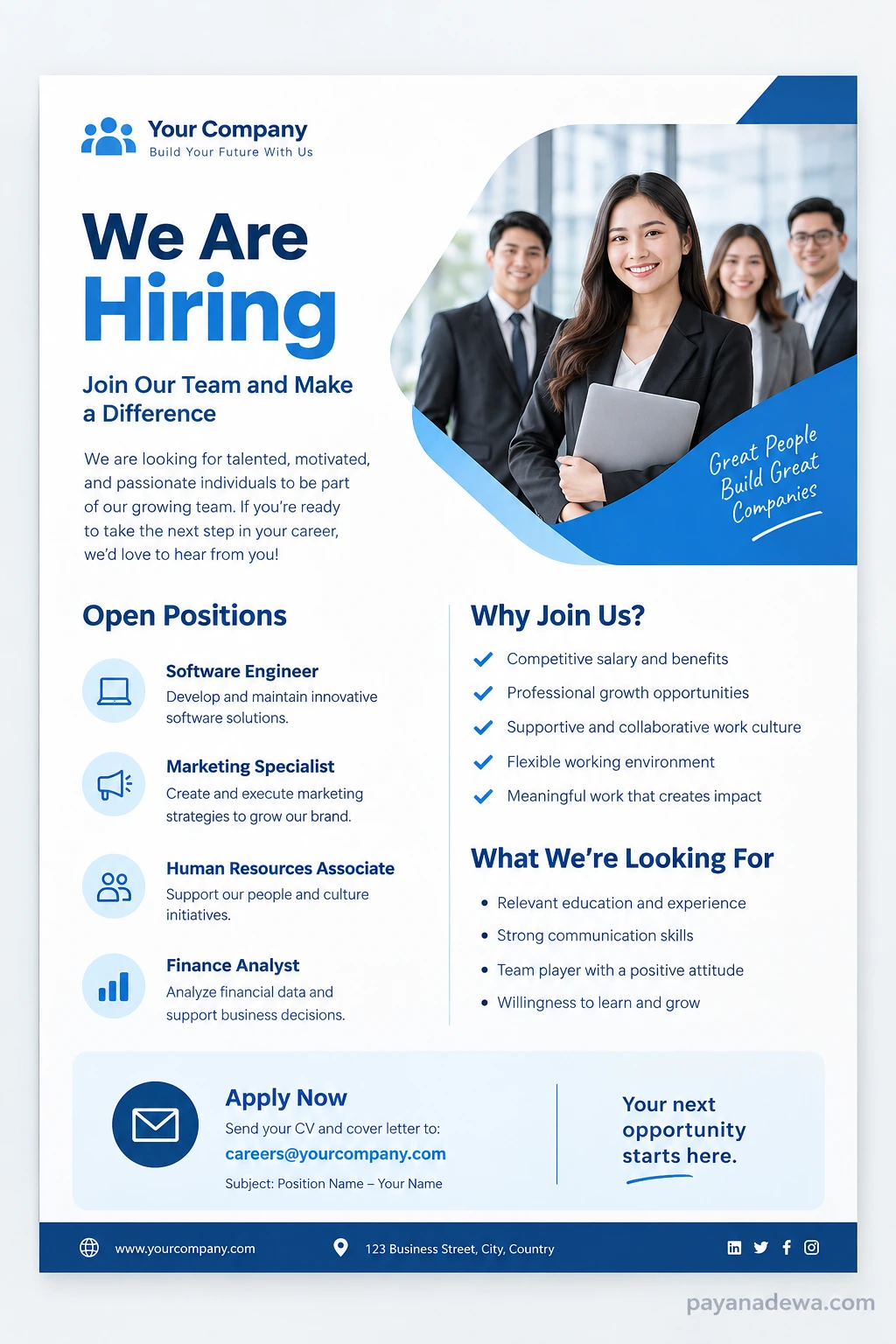 Recruitment Brochure Template Professional recruitment brochure template with hiring positions, company benefits, qualifications, and application details