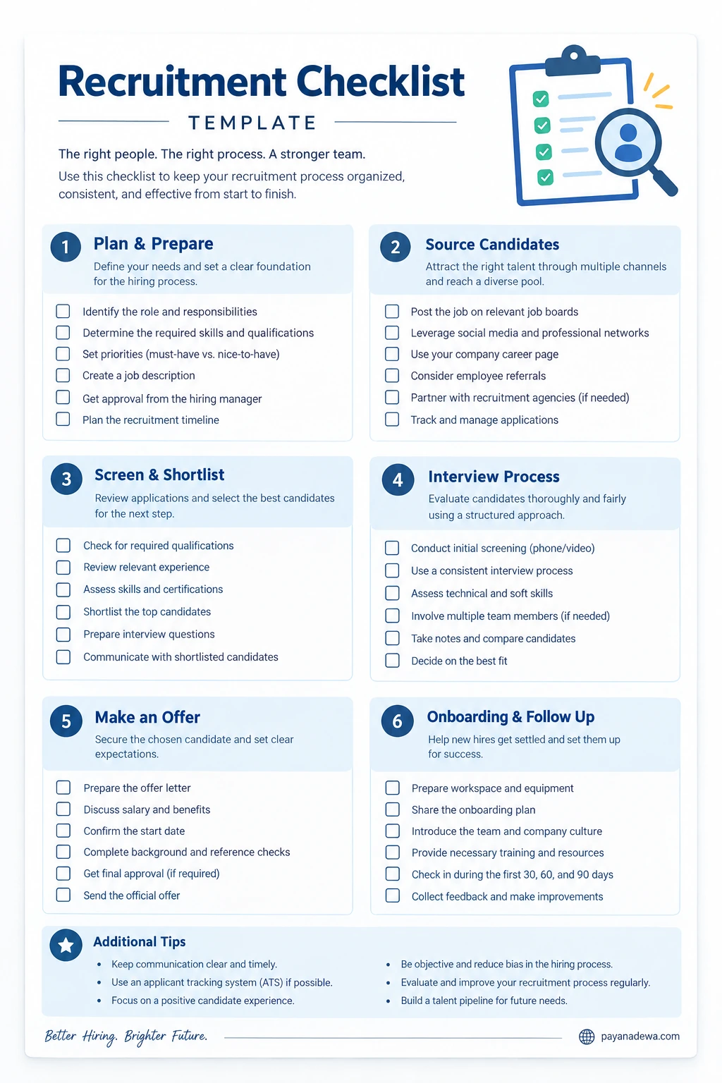 Printable Recruitment Checklist Template covering planning, candidate sourcing, application screening, interviews, job offers, and employee onboarding.