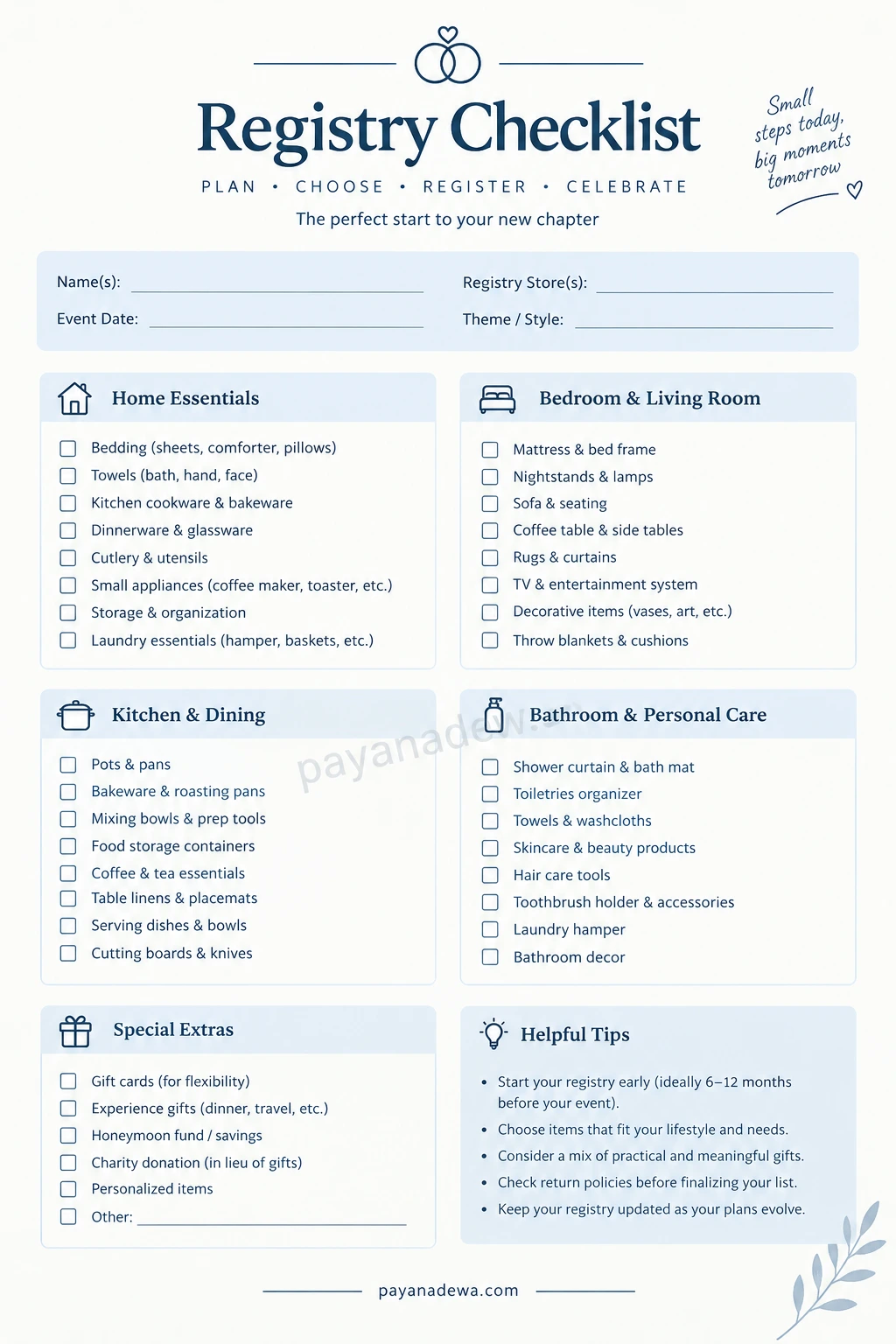 Registry Checklist Template Registry Checklist printable template featuring home essentials, bedroom and living room items, kitchen and dining supplies, bathroom accessories, special gifts, and helpful registry planning tips.