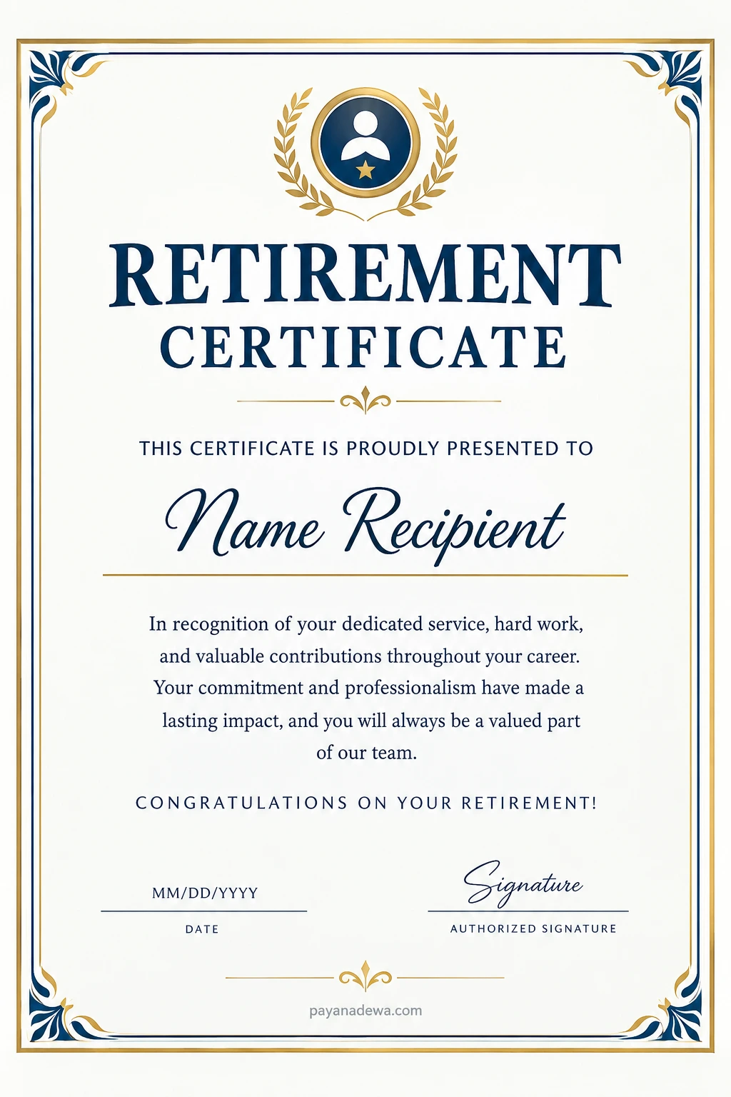 Printable retirement certificate template with an elegant navy blue and gold border, personalized recipient name, appreciation message, date, and signature fields.