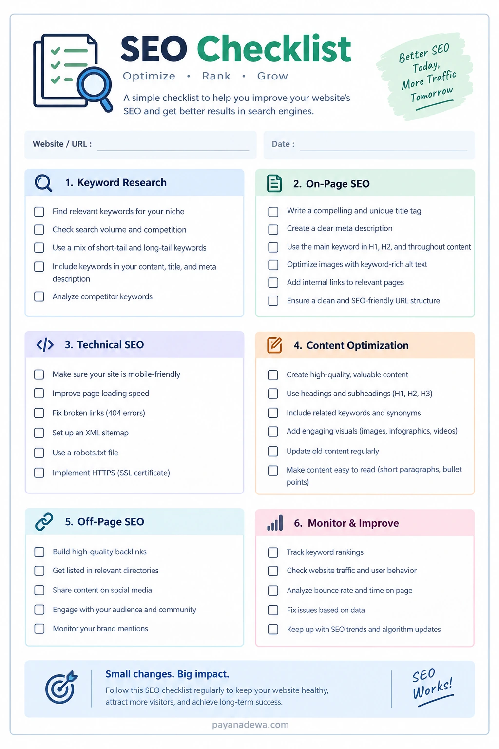 SEO Checklist Template Printable SEO checklist template covering keyword research, on-page SEO, technical SEO, content optimization, link building, and website performance.