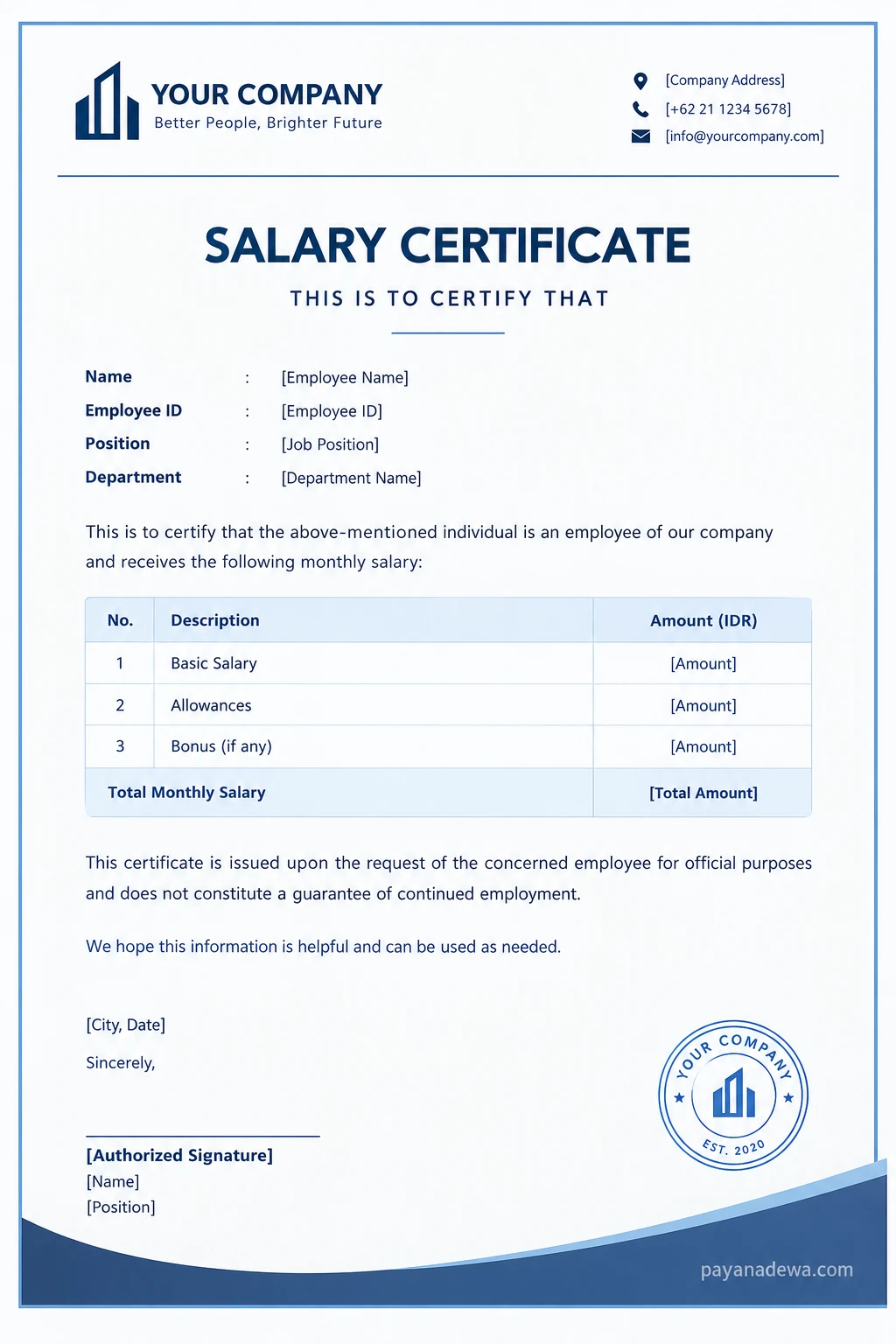 Salary Certificate Template Printable salary certificate template with employee details, monthly salary breakdown, company information, and authorized signature fields