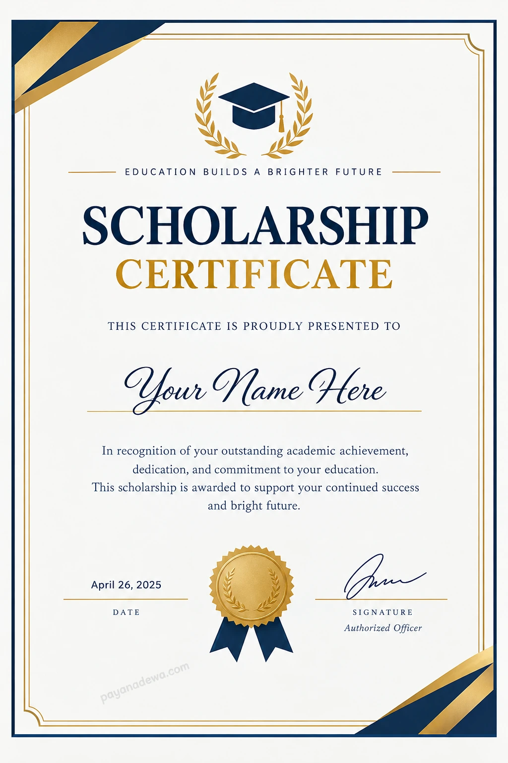 Scholarship Certificate Template Printable scholarship certificate template with navy blue and gold borders, graduation cap emblem, recipient name, award description, date, and signature fields.