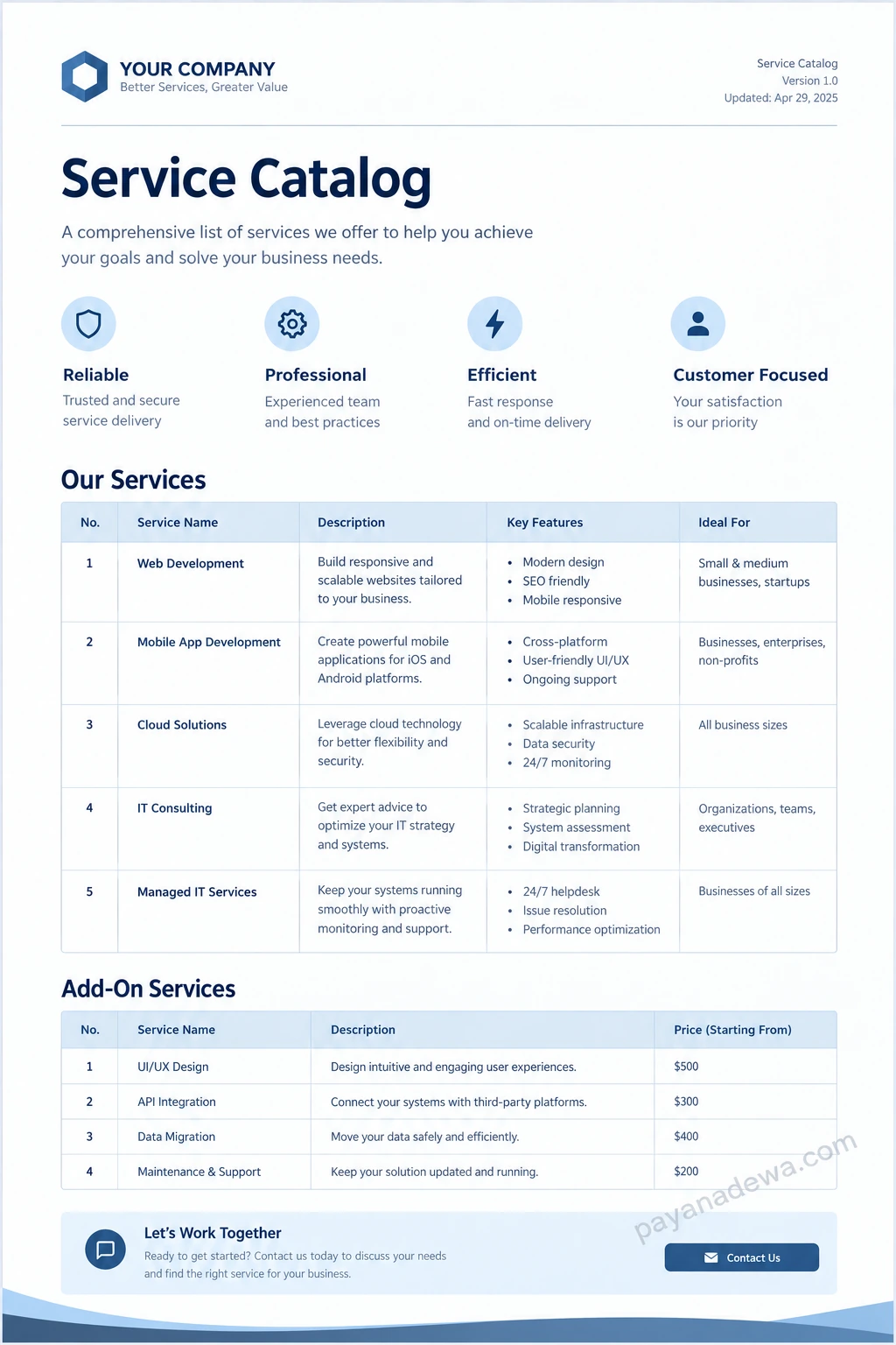 Service Catalog Template Printable service catalog template with service descriptions, key features, add-on pricing, and contact information.