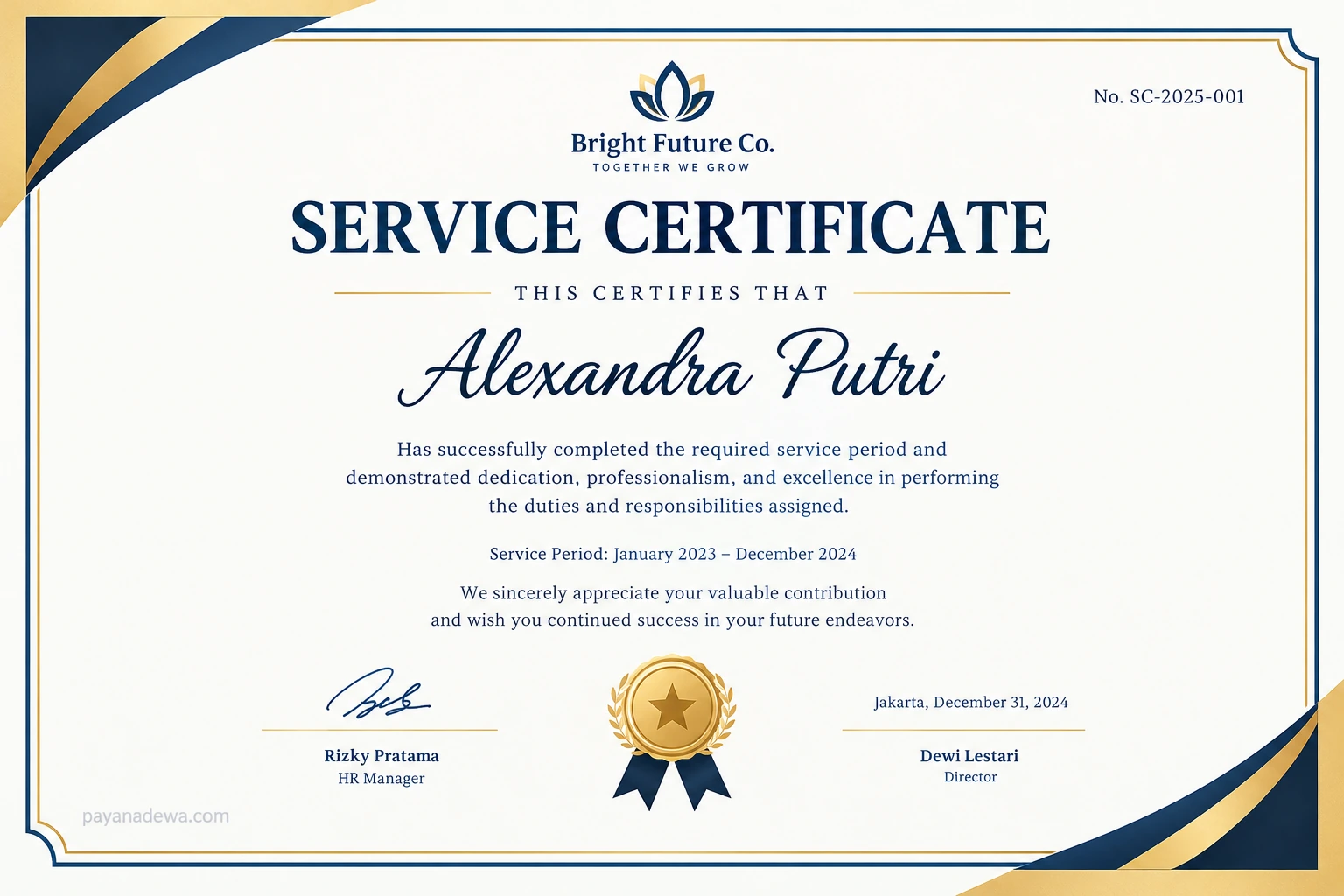 Printable service certificate template with an elegant navy and gold border, recipient details, service period, and signature sections.