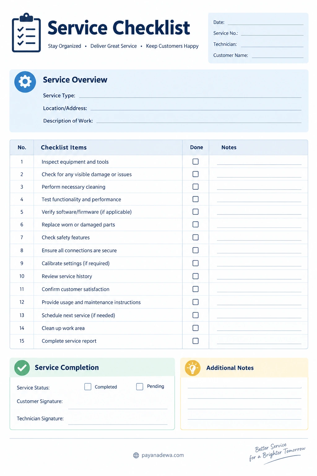 Service Checklist Template Printable service checklist template with job details, service overview, 15 task rows, completion boxes, notes, and customer and technician signature fields.