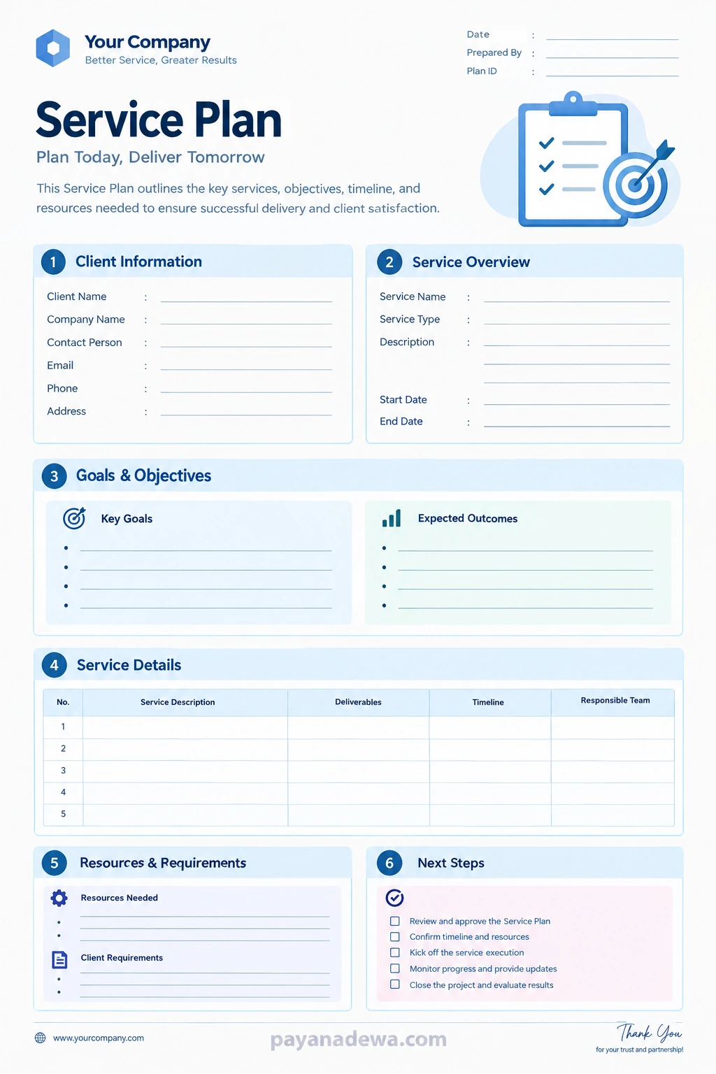 Service Plan Template Printable Service Plan Template with client information, service overview, goals, deliverables, resources, and next steps