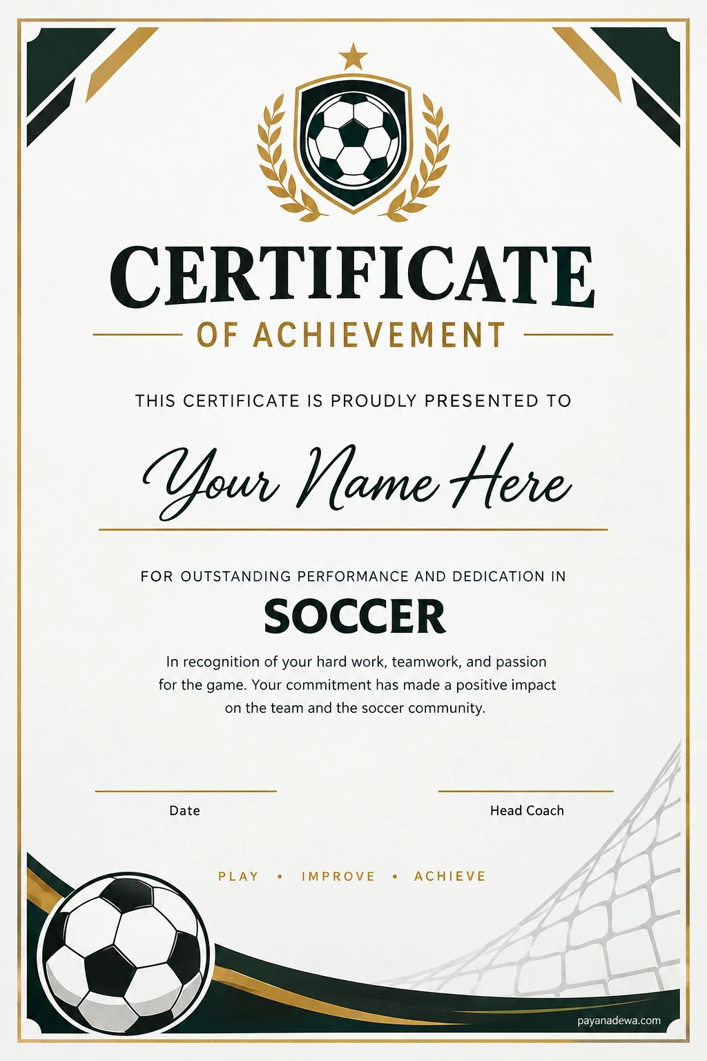 Printable soccer certificate template with a soccer ball emblem, gold border, dark green accents, and space for the player's name and coach's signature.
