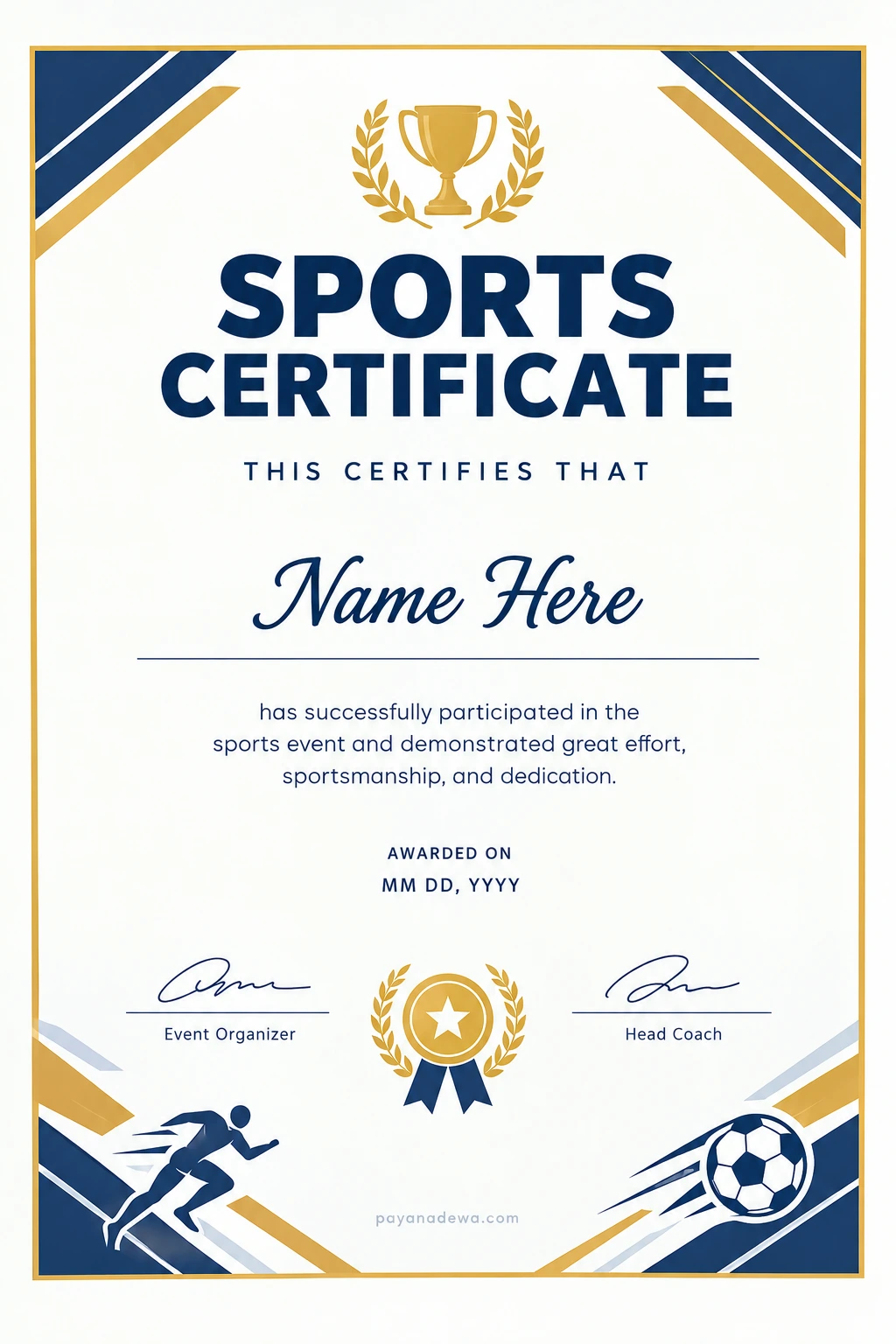 Sports Certificate Template Printable sports certificate template in navy and gold with a trophy emblem, recipient name line, award date, and signature spaces.
