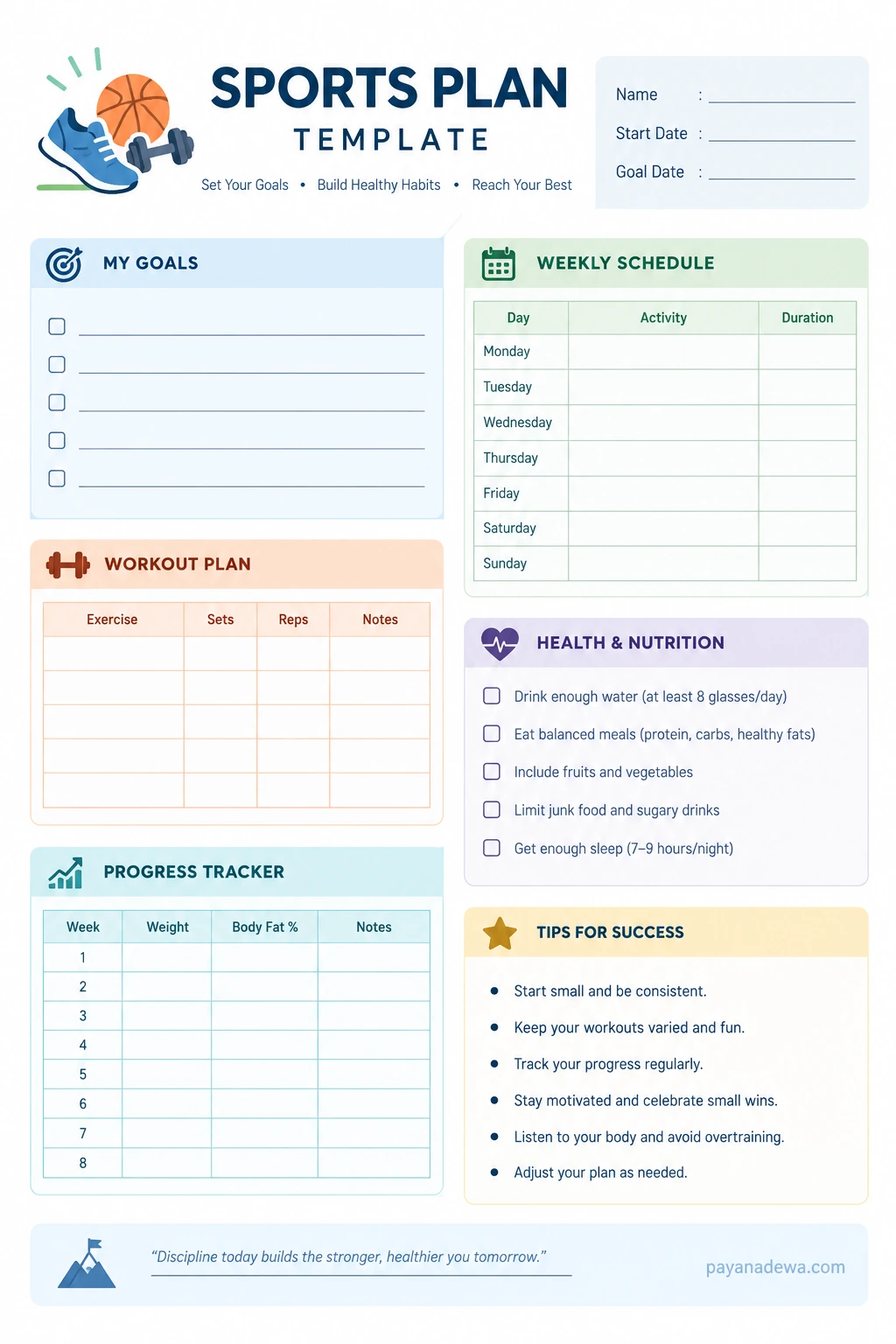 Sports Plan Template Printable sports plan template with fitness goals, weekly workout schedule, exercise tracker, health checklist, and progress chart.