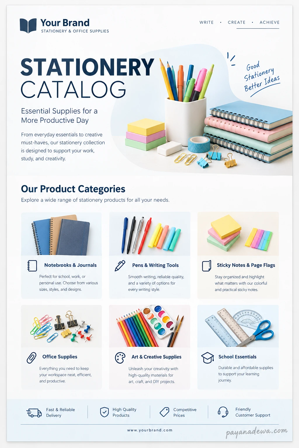 Stationery Catalog Template Stationery catalog template featuring notebooks, pens, sticky notes, office supplies, and creative stationery products