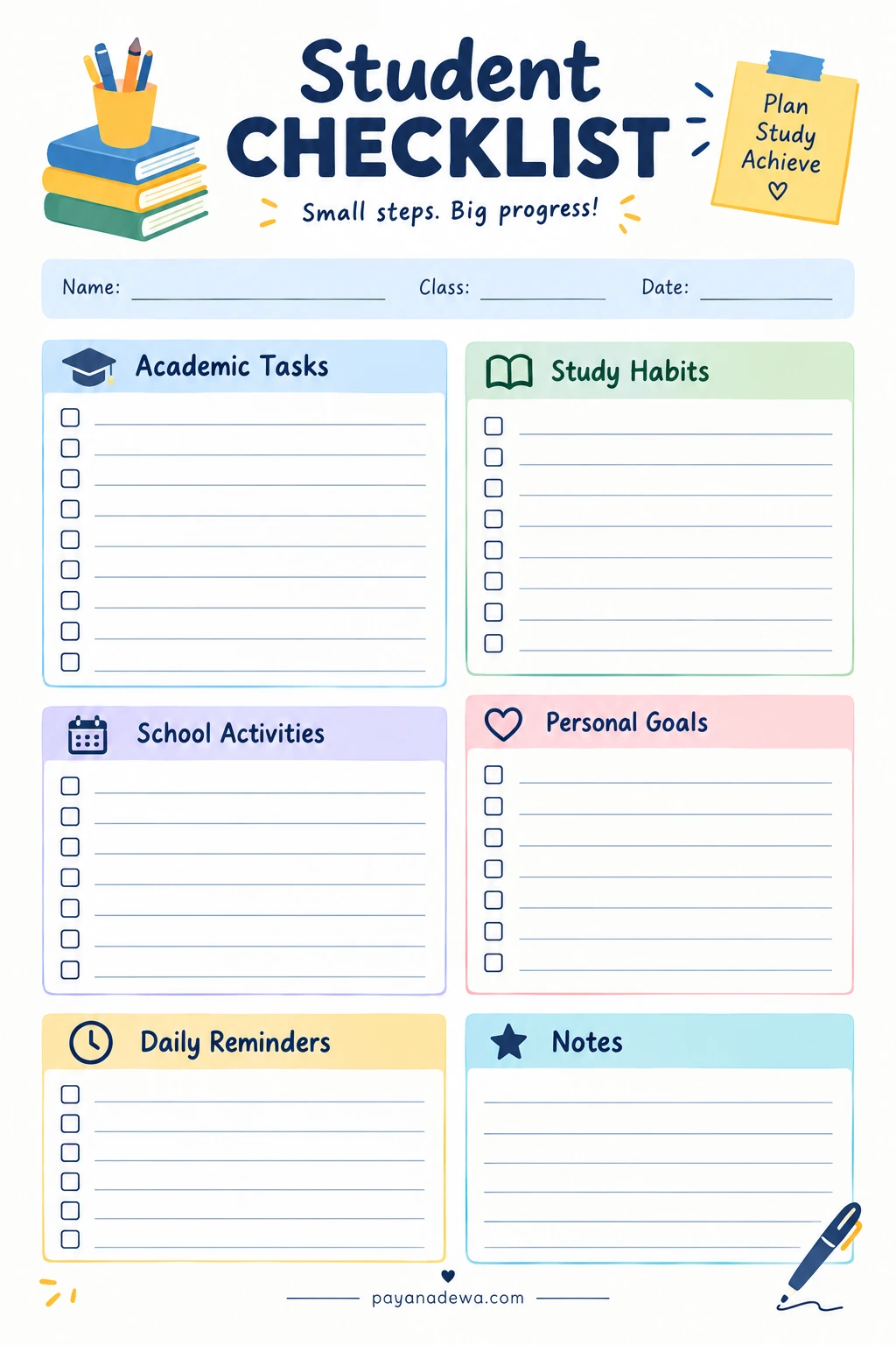 Printable student checklist template with academic tasks, study habits, school activities, personal goals, daily reminders, and notes.