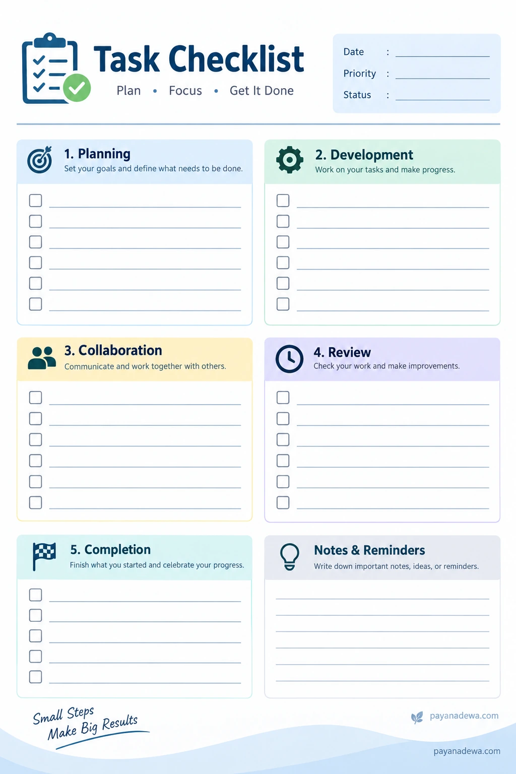 Printable task checklist template with planning, development, collaboration, review, completion, and notes sections.