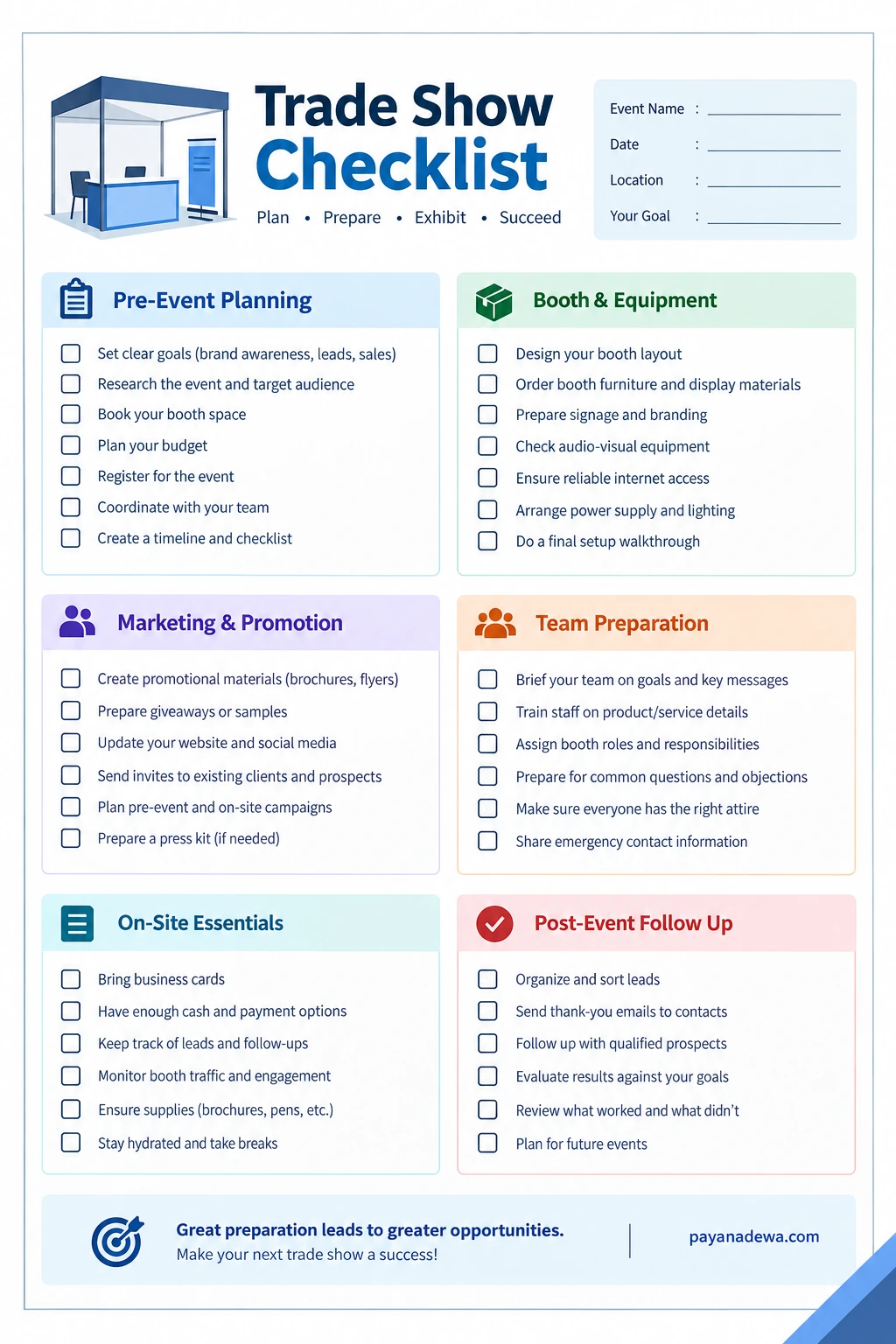 Trade Show Checklist Template Printable trade show checklist template for event planning, booth preparation, marketing, team readiness, and post-event follow-up.