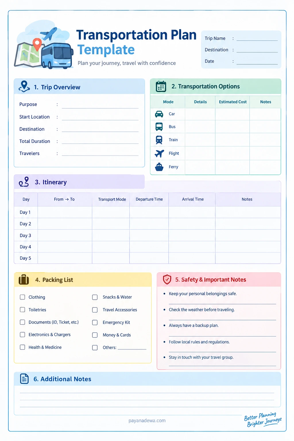 Printable transportation plan template with trip overview, transportation options, travel itinerary, packing checklist, safety reminders, and additional notes.