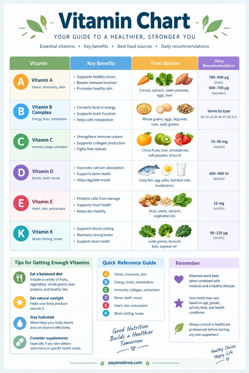 Vitamin Chart Template Printable vitamin chart showing vitamins A, B complex, C, D, E, and K, their benefits, food sources, and general adult nutrition guidance.