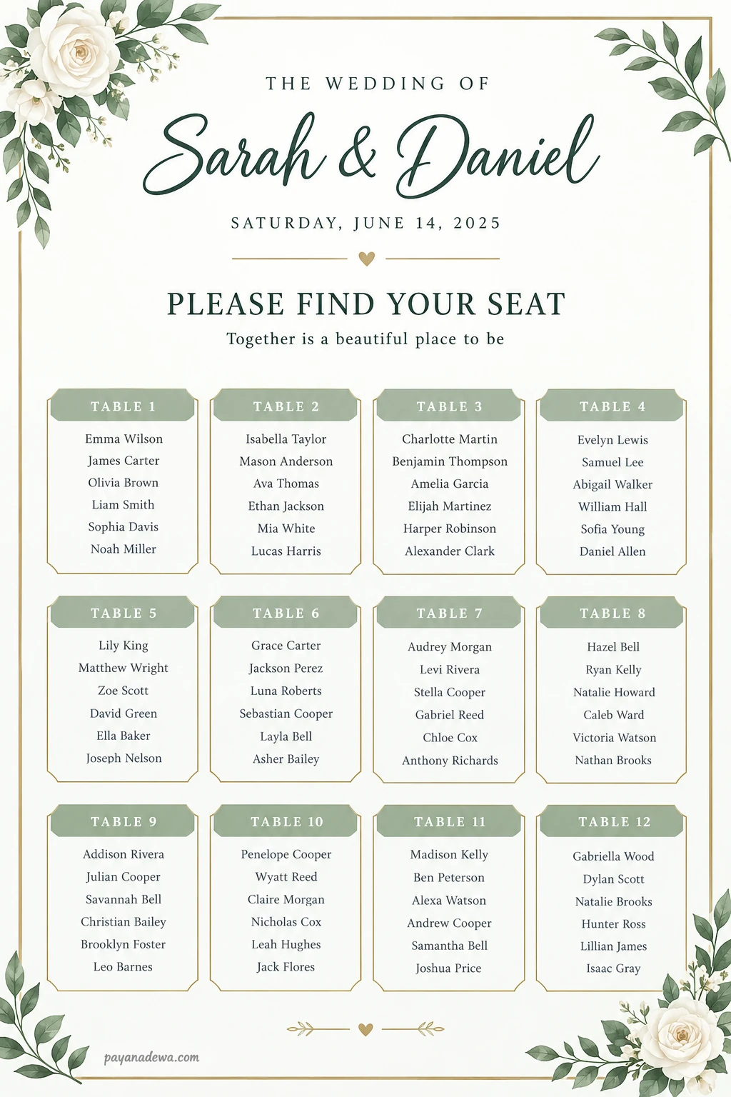 Printable wedding seating chart template with table numbers, guest names, elegant greenery, cream flowers, and gold accents.