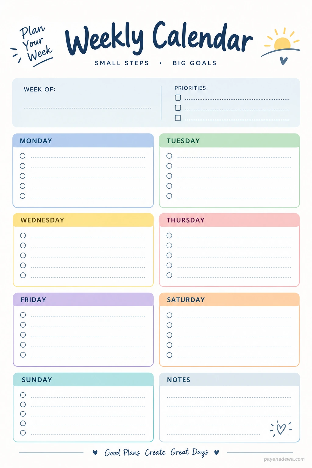 Weekly Calendar Template Printable weekly calendar template with pastel color-coded sections for Monday through Sunday, weekly priorities, daily tasks, and notes.
