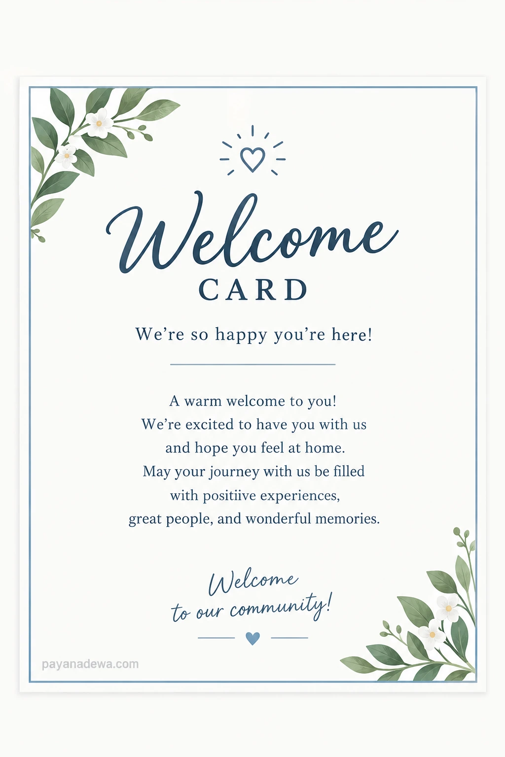 Welcome Card Template Printable welcome card template with elegant blue lettering, a thin border, and green botanical floral decorations.