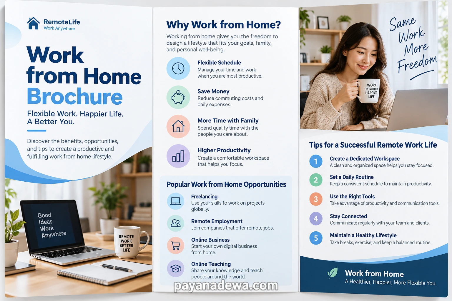 Work from Home Brochure Template Work from Home Brochure Template showing remote work benefits, opportunities, and productivity tips